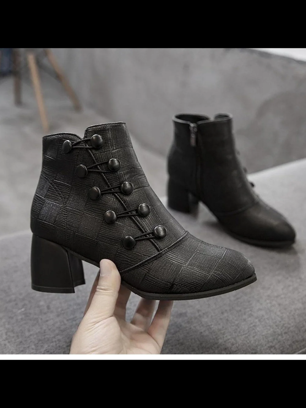 Black Women's Textured Button-Accent Ankle Boot